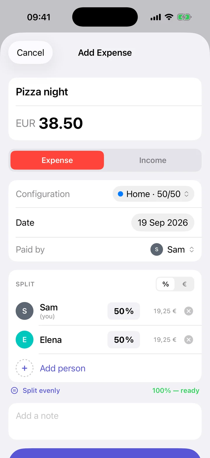 Add Expense: Pizza night, €38.50, split 50/50 with Elena.