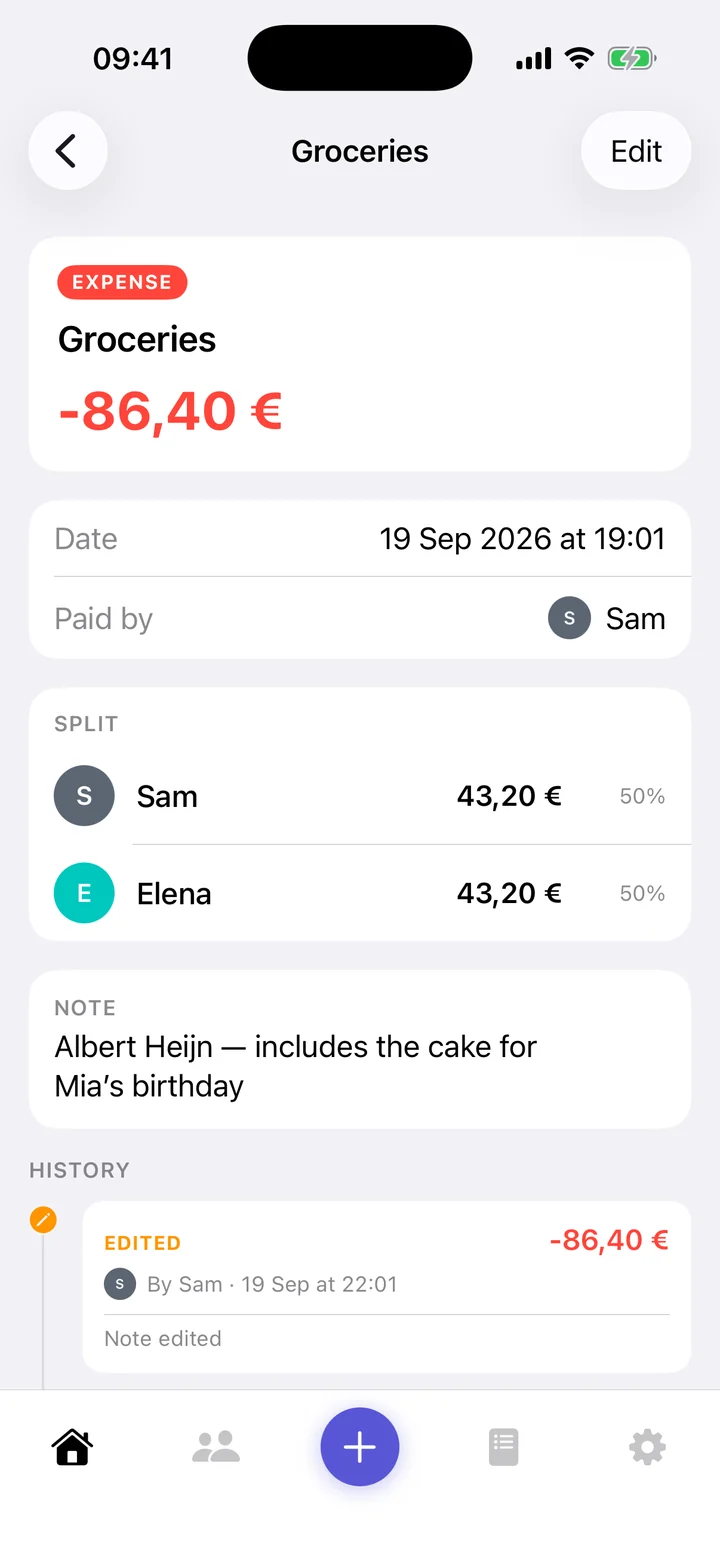 Groceries: €86.40 split with Elena, with a note and its history.