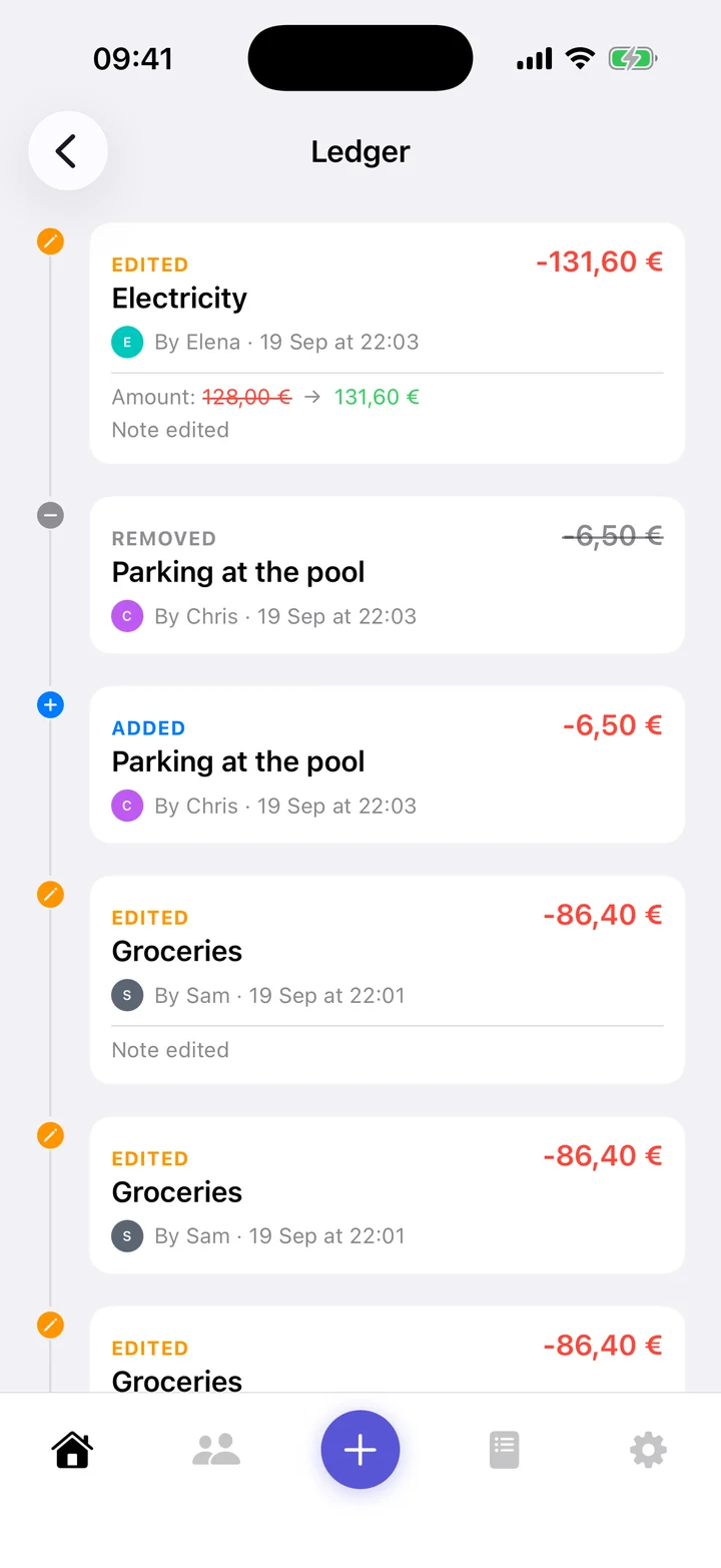 Ledger: Elena edited Electricity from €128.00 to €131.60; Chris removed Parking.